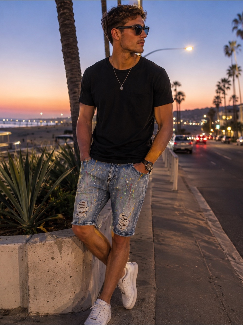 Men's Distressed Paint-Splatter Denim Shorts - Blue